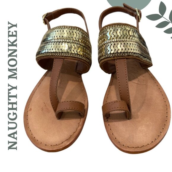 Boho Trimmed T-Strap Sandals by Naughty Monkey Brown Leather Gold Sequins Size 7 - Picture 4 of 8